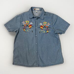 VTG Passion Button Up Chambray Jean Shirt Womens L Cotton Blue Hot Air Balloons